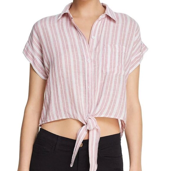 Rails Small Red, White Thea Linen Blend Stripe Short Sleeve Waist Tie T-Shirt - Picture 4 of 16